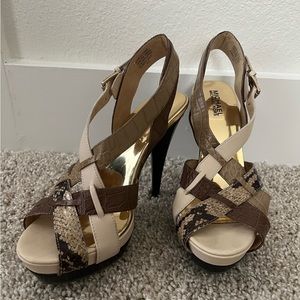 Michael Kors Niki Cross Strap Bone Brown Snake Leather Stiletto Size 8